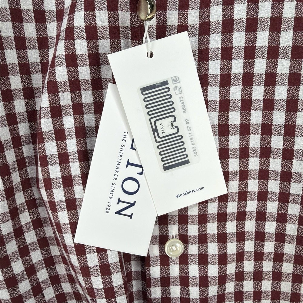 Eton Shirt Mens Med 39 / 15.5 Red White Gingham Check Plaid Slim Fit Button Down - Picture 13 of 16